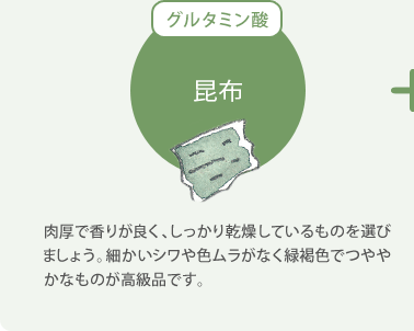 昆布（グルタミン酸）：肉厚で香りが良く、しっかり乾燥しているものを選びましょう。細かいシワや色ムラがなく緑褐色でつややかなものが高級品です。