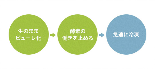 生のままピューレ化→酵素の働きを止める→急速に冷凍