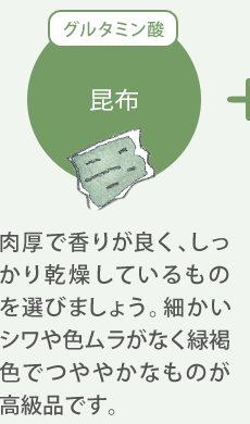 昆布（グルタミン酸）：肉厚で香りが良く、しっかり乾燥しているものを選びましょう。細かいシワや色ムラがなく緑褐色でつややかなものが高級品です。